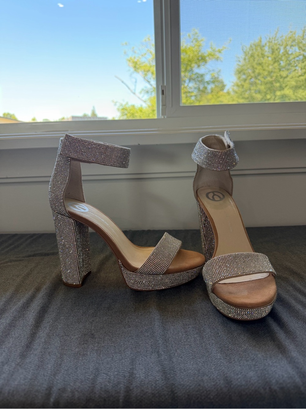 Wishbone Sparkling Ankle-Strap Platform Heels in Silver